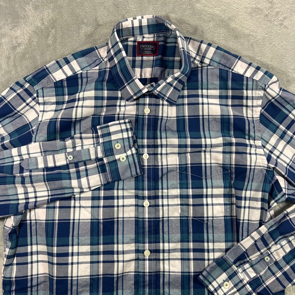 UNTUCKit Quilceda Shirt Mens XL Blue White Plaid Cotton Long Sleeve Casual